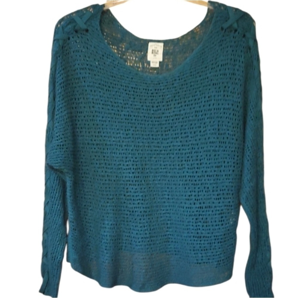 Billabong Chill Out Teal Open Weave Sweater With Lace Up Sleeve Size Medium